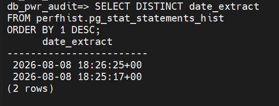 Résultat de la vérification post-installation montrant les snapshots présents dans perfhist